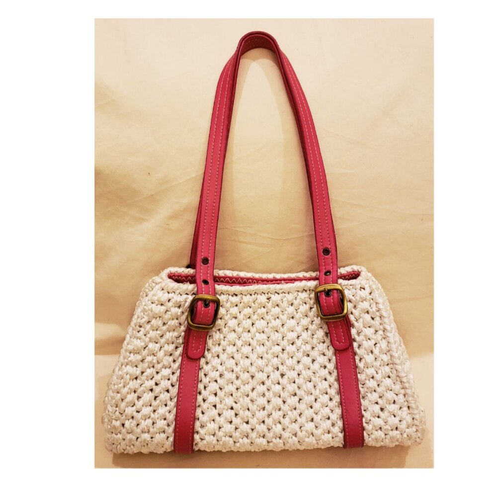 Trina Turk Handbag/Shoulder Bag White Woven Pattern with Pink Handles - Picture 4 of 6